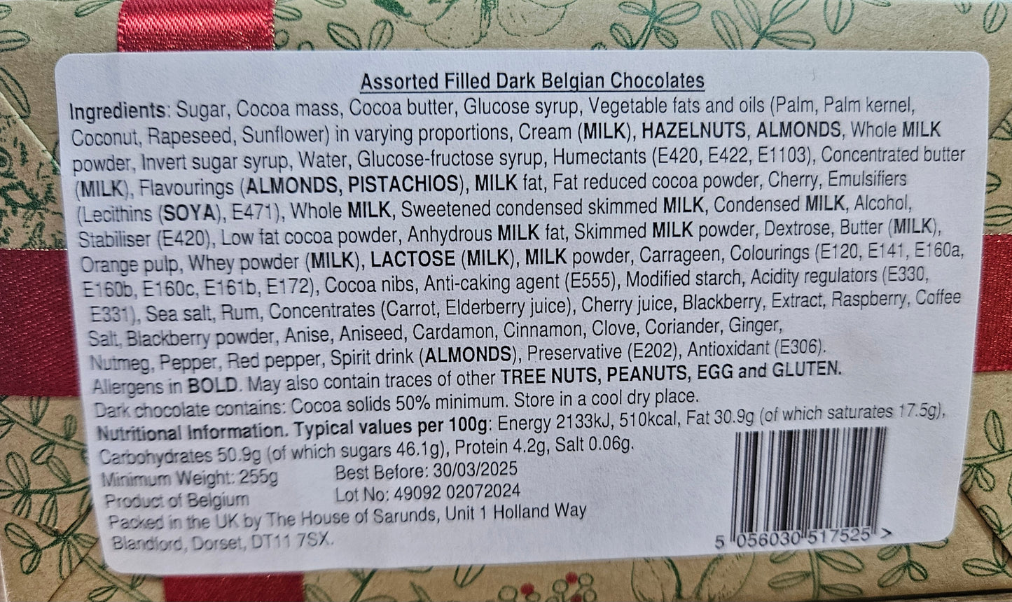Deluxe ballotin of Belgian dark chocolates with menu tag - 255g