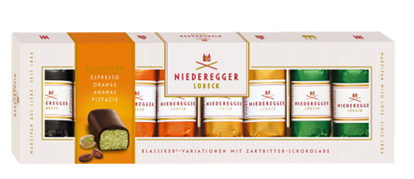 Niederegger, Dark mini marzipan loaves box - pistachio orange pineapple espresso 100g