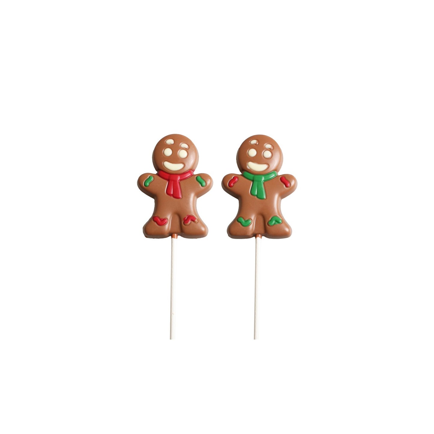 Decorated solid milk chocolate gingerbread person lolly, 30g