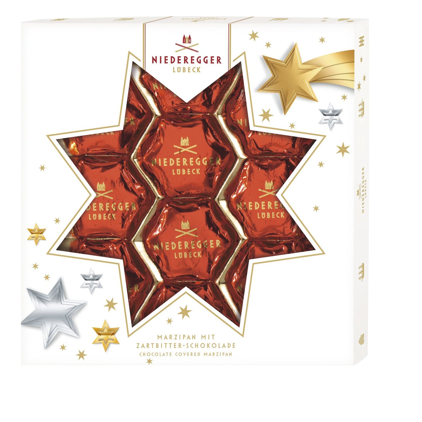 Neideregger Christmas Stars - dark chocolate covered marzipan in gift box - 125g