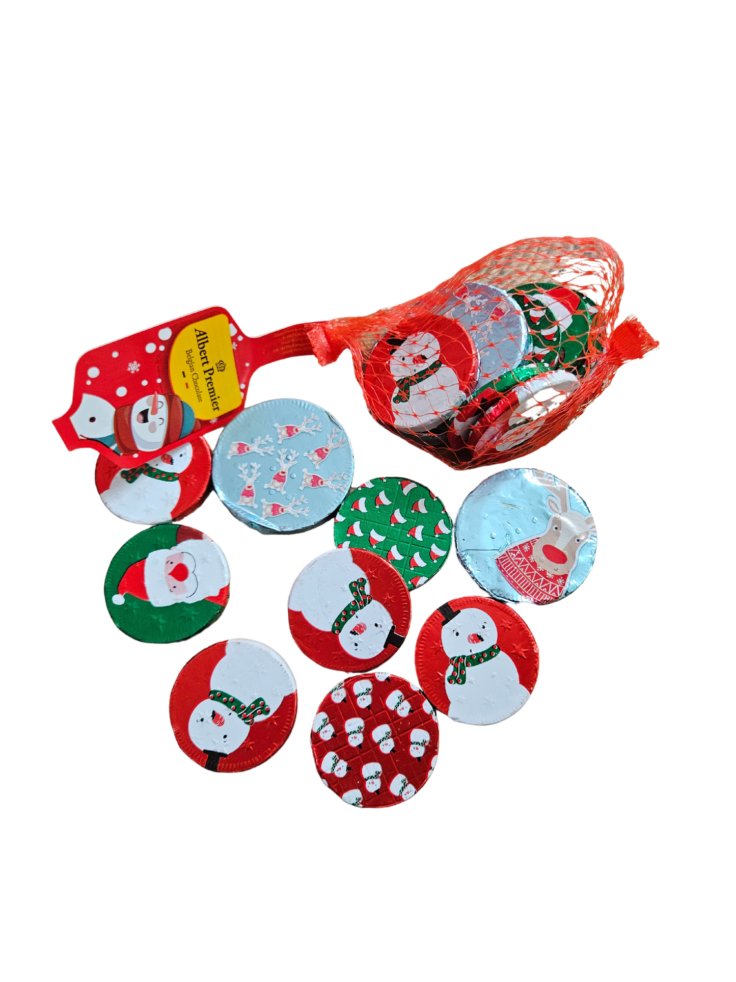 Belgian chocolate coins, reindeer, snowman, and santa