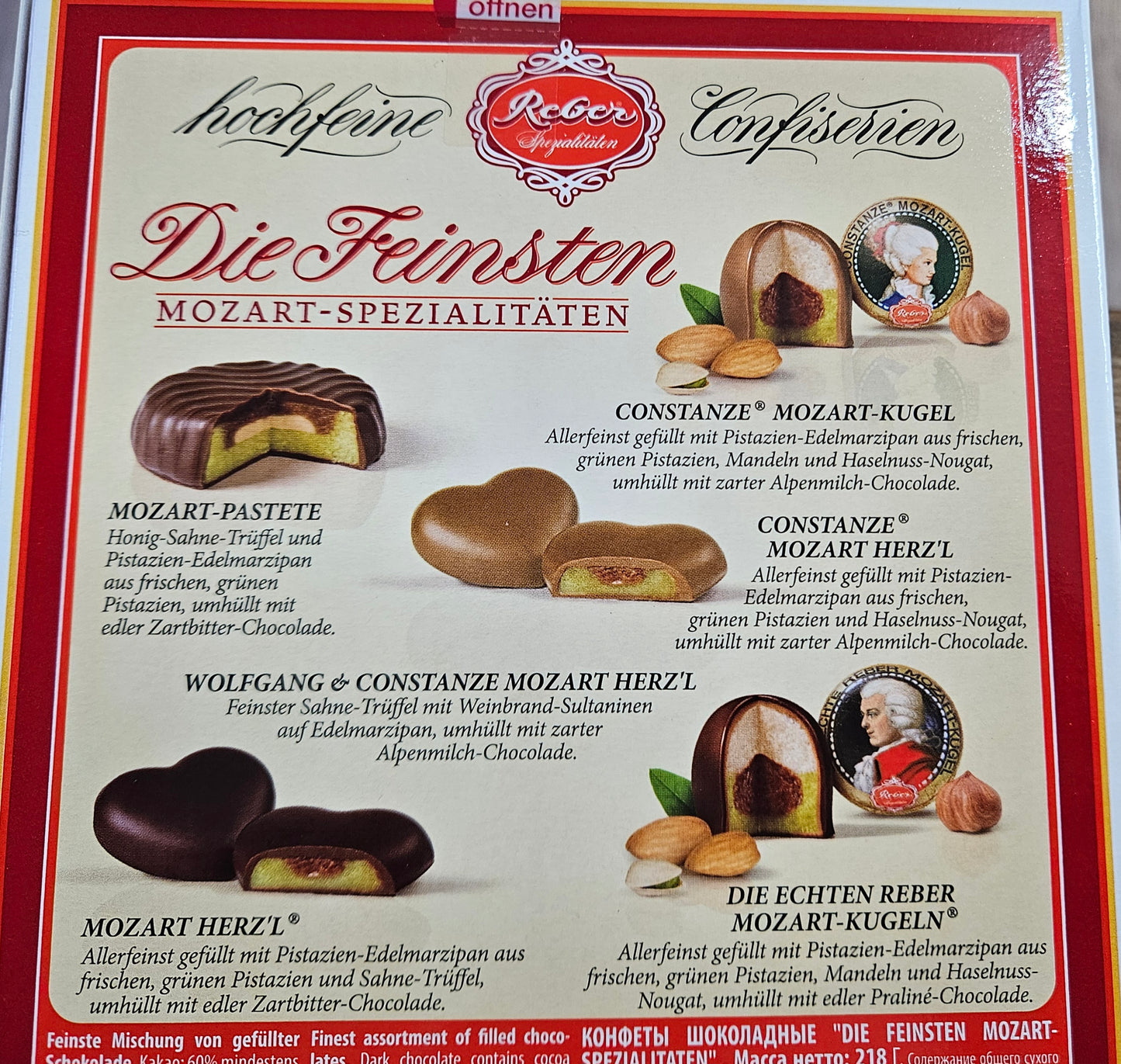 REBER Finest Mozart Specialities Mix Marzipan Praline Chocolates Mozar