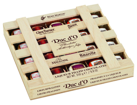 Duc d'O wooden crate of assorted liqueur filled chocolates with sugar crust - 250g