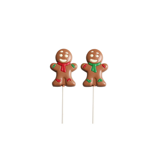Decorated solid milk chocolate gingerbread person lolly, 30g